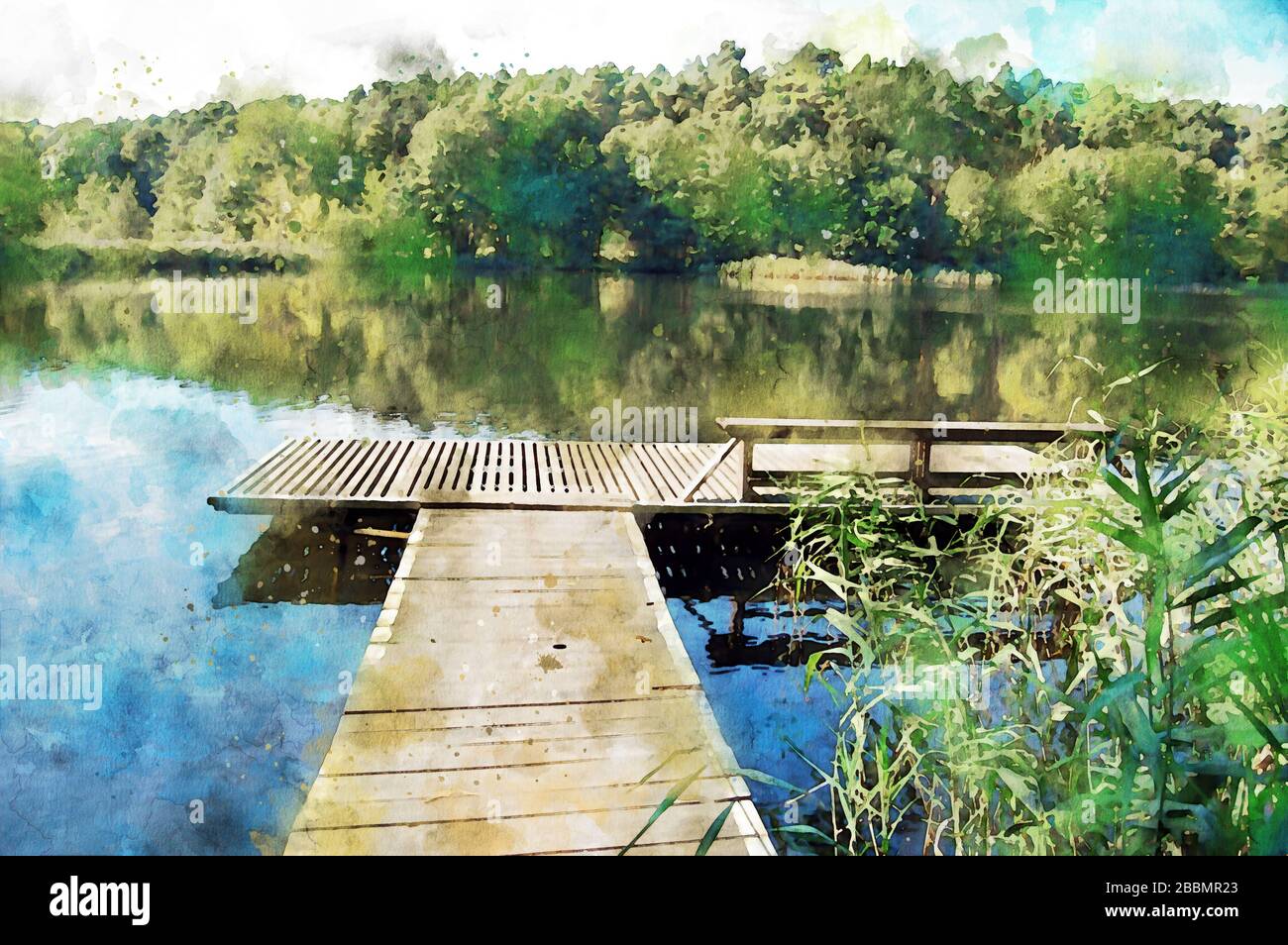 Peinture à l'aquarelle de piere dans l'eau d'un lac de Brandebourg en Allemagne. Forêt en arrière-plan. Banque D'Images