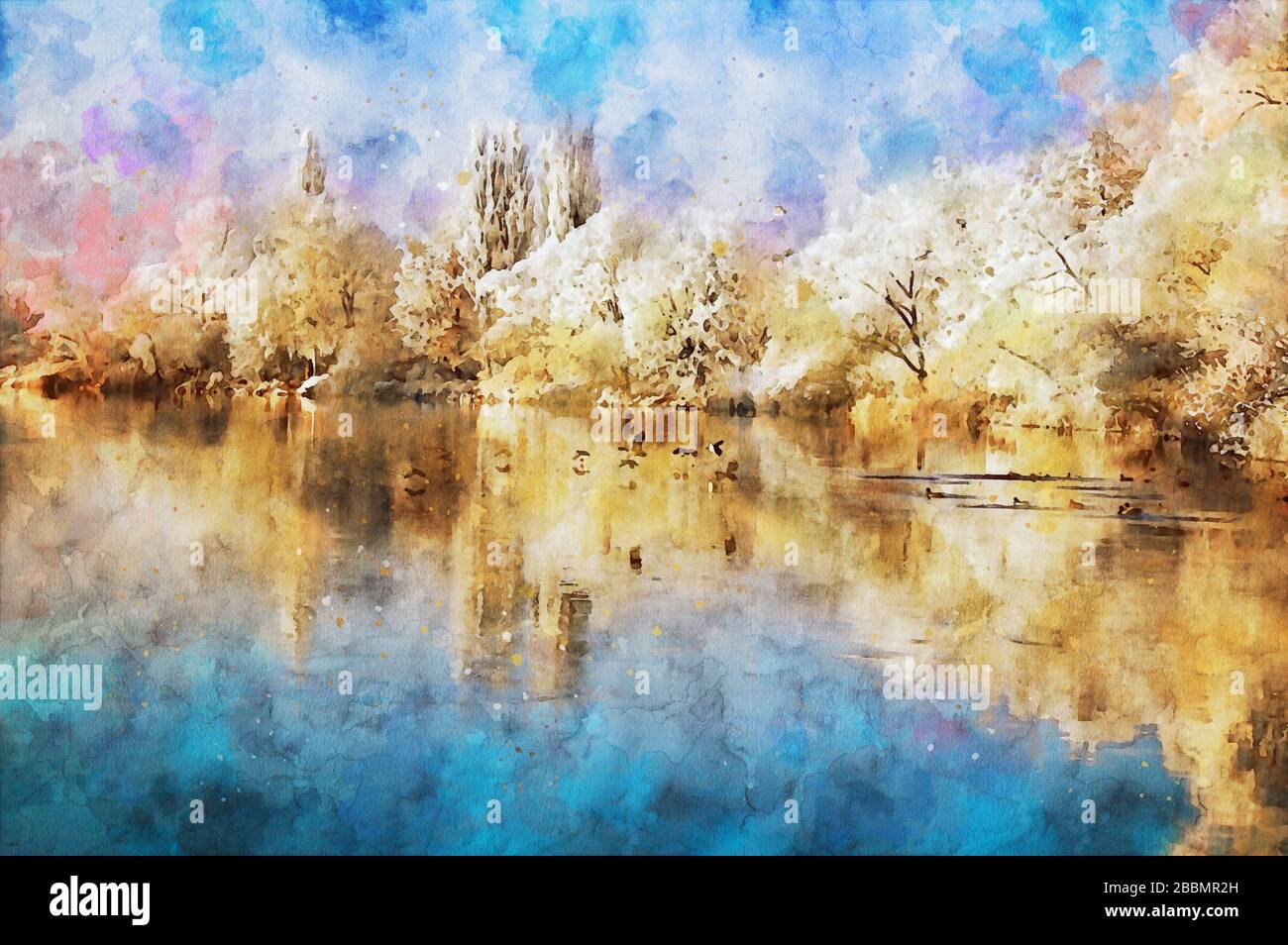 Peinture à l'eau du paysage d'hiver de la rivière havel. Neige. Oiseaux sur l'eau. Havelland. Banque D'Images