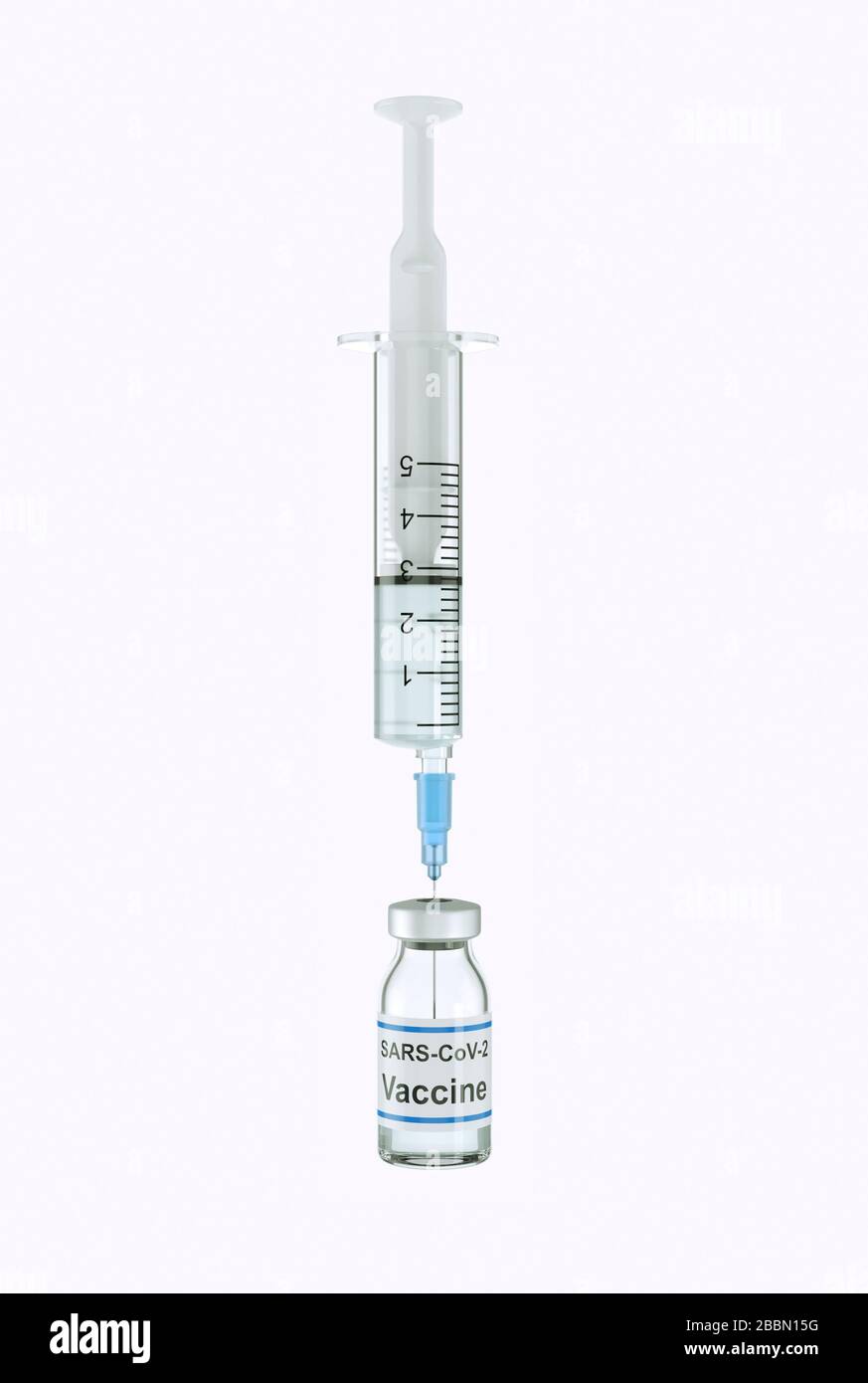 seringue avec flacon de vaccin sur fond blanc Banque D'Images