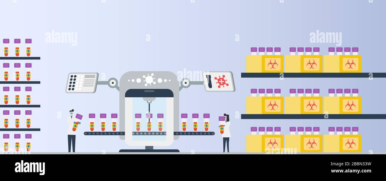 Concept laboratoire médical et vecteur covid-19 avec analyseur automatisé, échantillon sanguin dans tube à essai et techniciens de laboratoire travaillant sur leur travail. Illustration de Vecteur