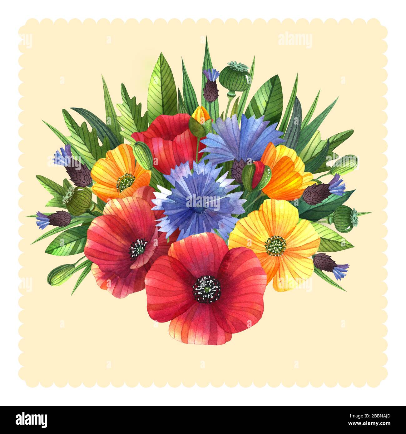 Bouquet Floral Aquarelle Pour Invitations Cartes Et Imprimes De Mariage Coquelicots Buttercups Fleurs De Mais Avec Feuilles Et Bourgeons Photo Stock Alamy