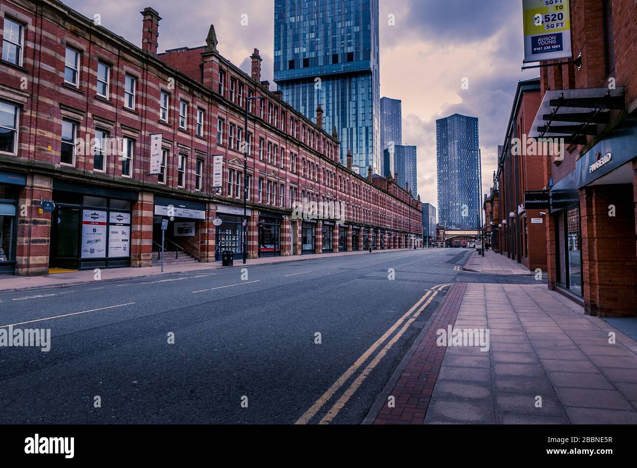 Deansgate, Manchester, Royaume-Uni. Rues vides pendant l'épidémie de coronavirus, avril 2020. Banque D'Images