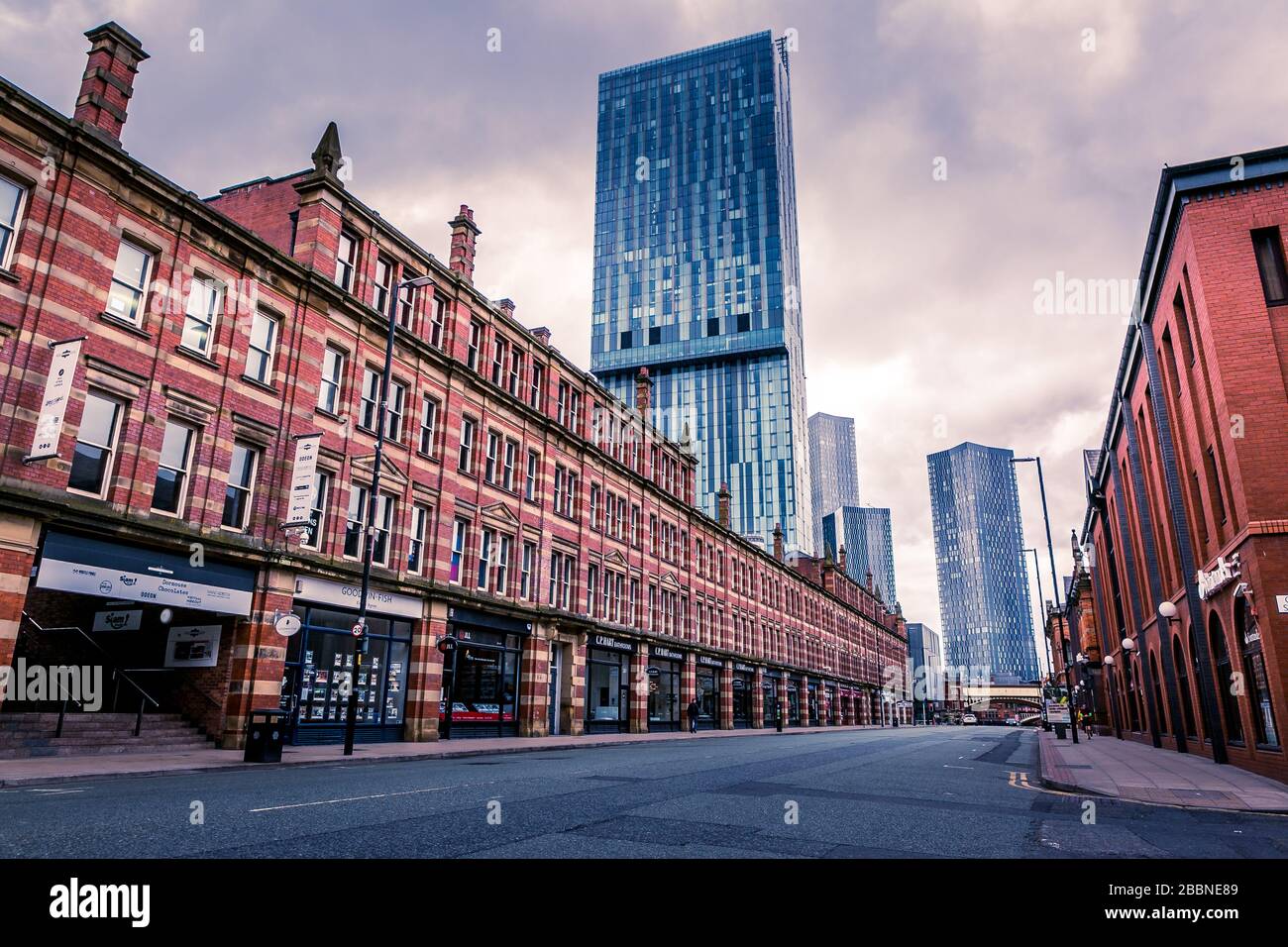 Deansgate, Manchester, Royaume-Uni. Rues vides pendant l'épidémie de coronavirus, avril 2020. Banque D'Images
