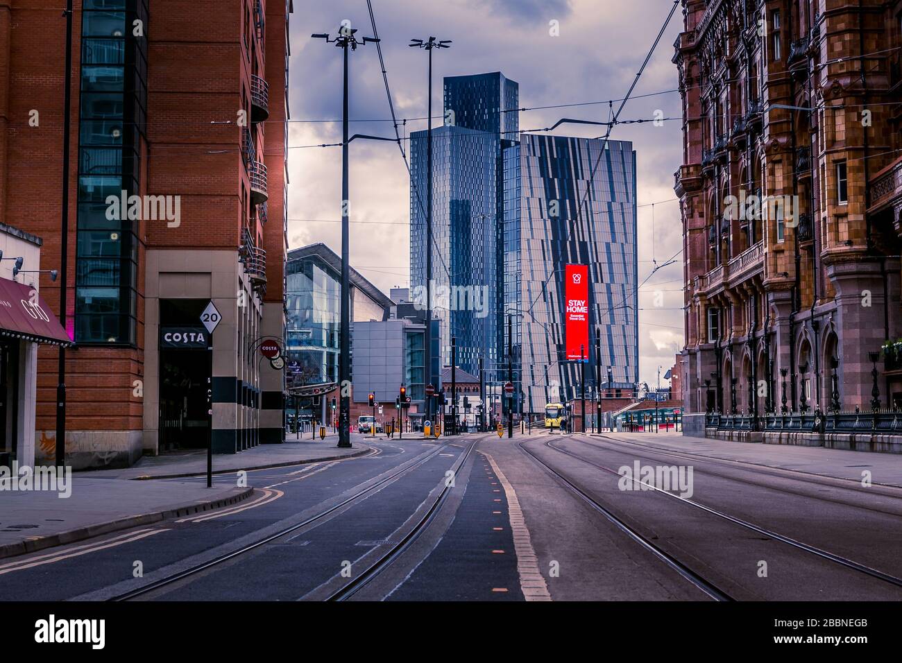 Manchester, Royaume-Uni. Les rues vides, les entreprises fermées pendant l'épidémie de coronavirus, avril 2020. Banque D'Images