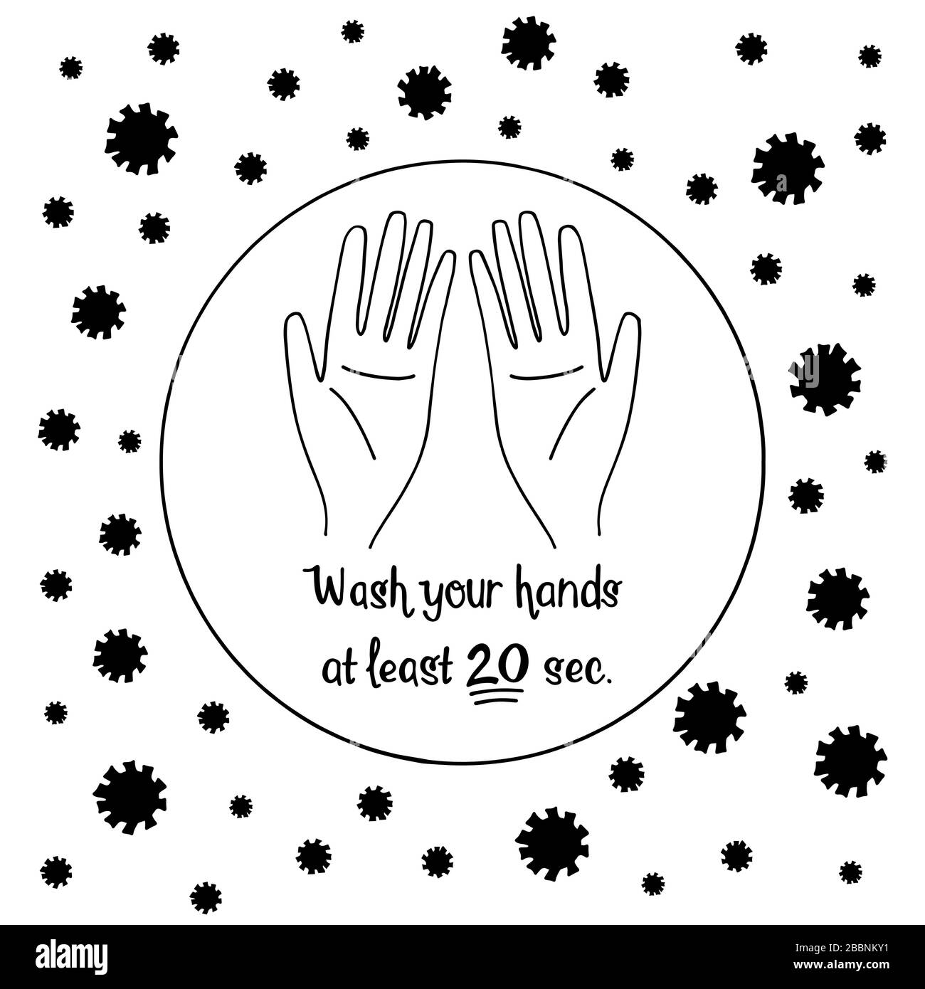Lavez-vous les mains au moins 20 secondes. Concept médical. Joli logo dessiné à la main avec lettrage . Isolé sur fond blanc. Illustration du stock. Illustration de Vecteur