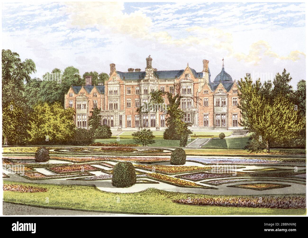 Une illustration colorée de Sandringham House numérisée à haute résolution à partir d'un livre imprimé en 1870. Considéré comme libre de droits d'auteur. Banque D'Images
