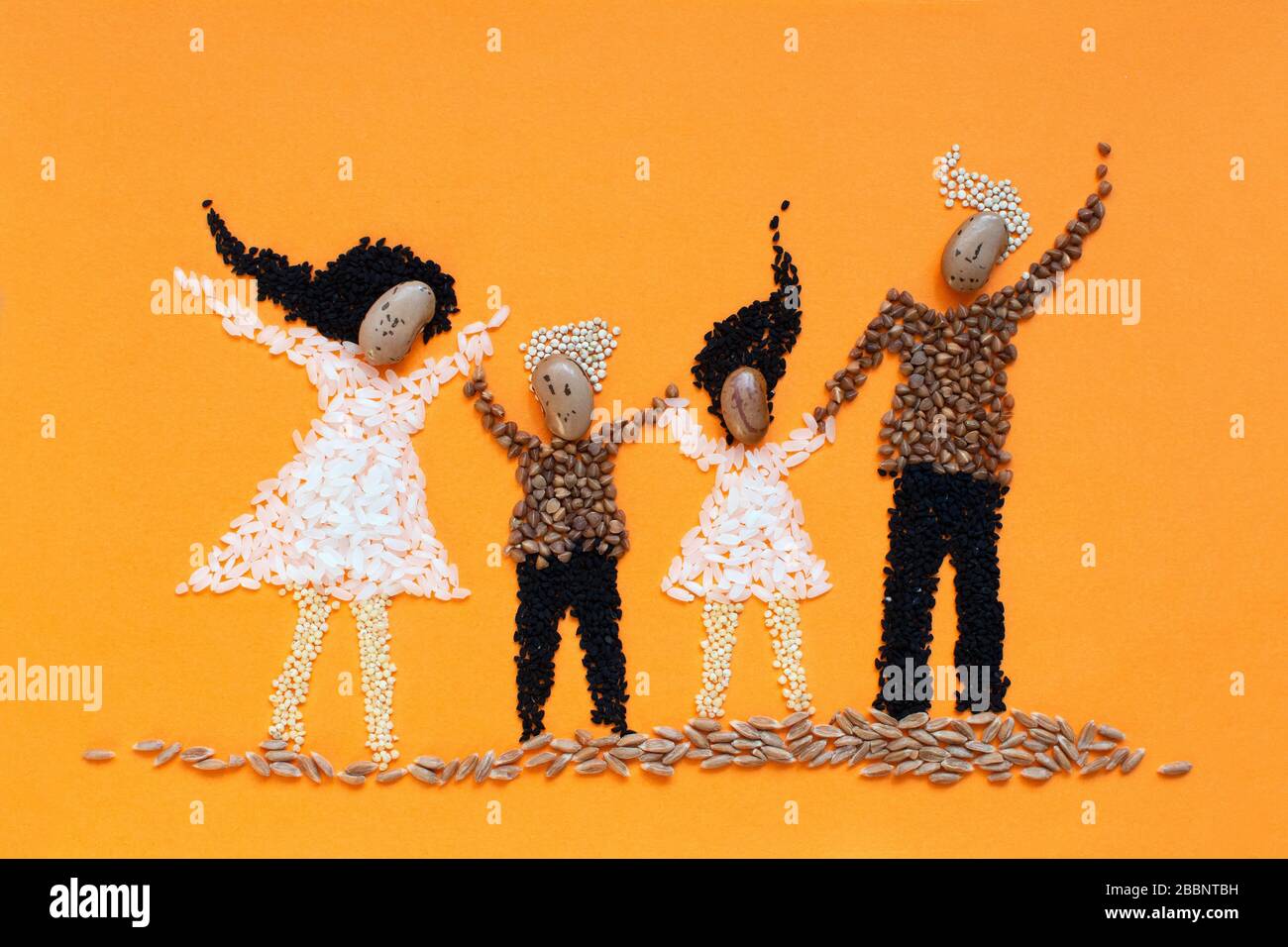 Haricots et graines Art. Culture Art. Dessin d'enfant de famille heureuse. Symbole d'un régime végétarien sain Banque D'Images