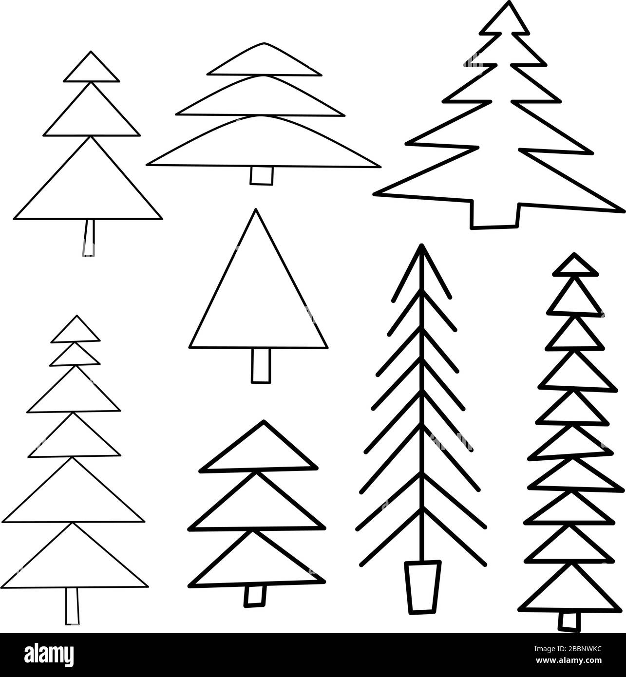 Ensemble de sapins de style scandinave. Éléments isolés sur fond blanc. Le style nordique pour l'affiche, l'emballage, les cartes postales, les motifs. Illustration de Vecteur