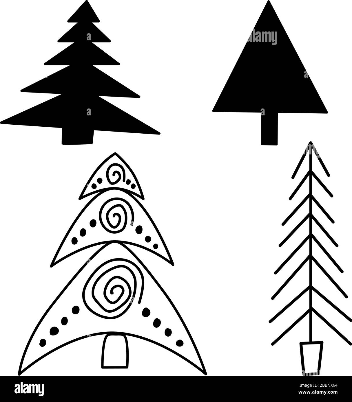 Ensemble de sapins de style scandinave. Éléments isolés sur fond blanc. Le style nordique pour l'affiche, l'emballage, les cartes postales, les motifs. Illustration de Vecteur