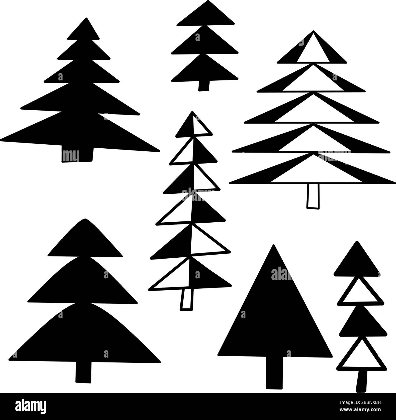 Ensemble de sapins de style scandinave. Éléments isolés sur fond blanc. Le style nordique pour l'affiche, l'emballage, les cartes postales, les motifs. Illustration de Vecteur