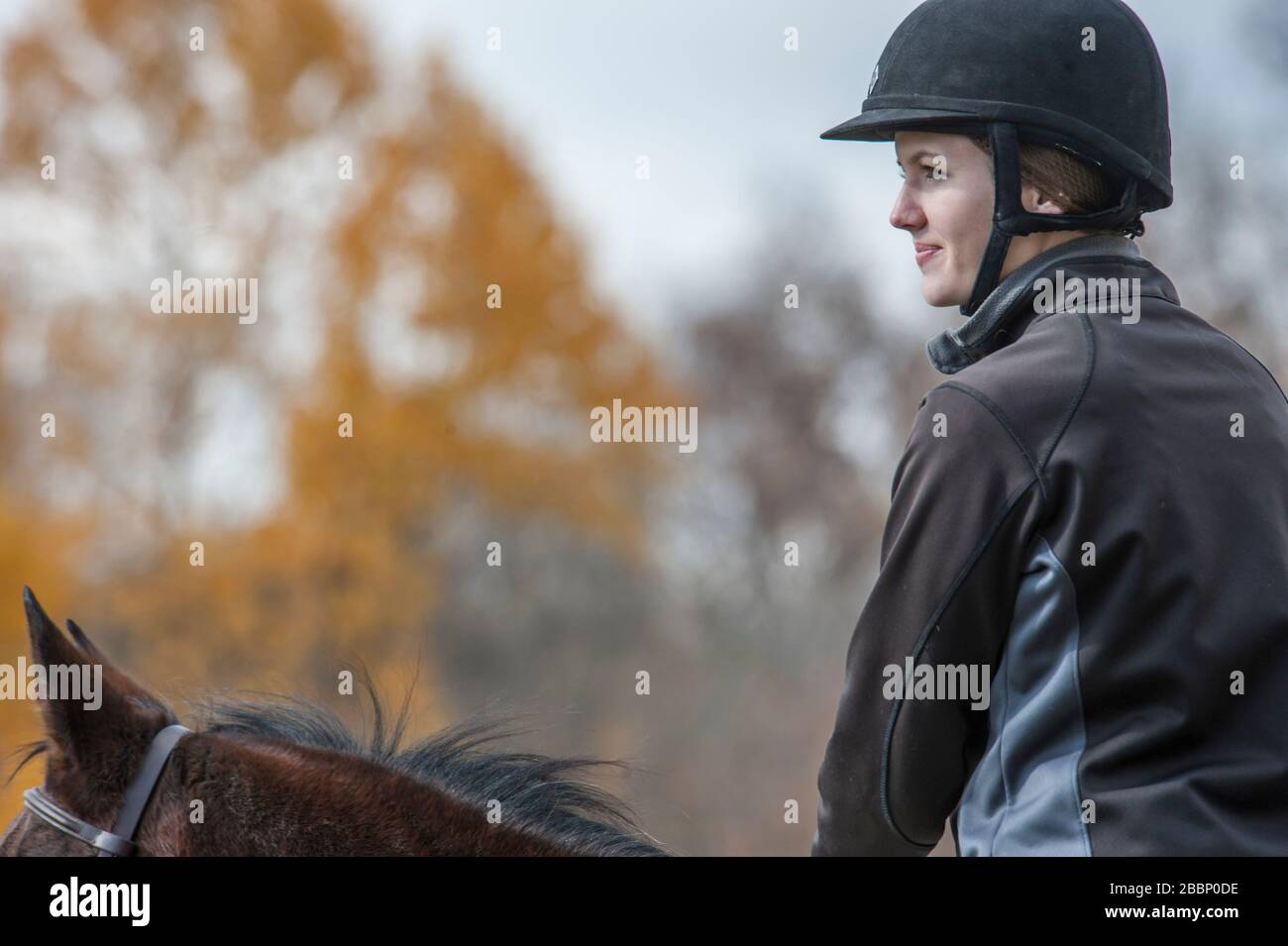 Belle jeune femme équestre assis son cheval Banque D'Images