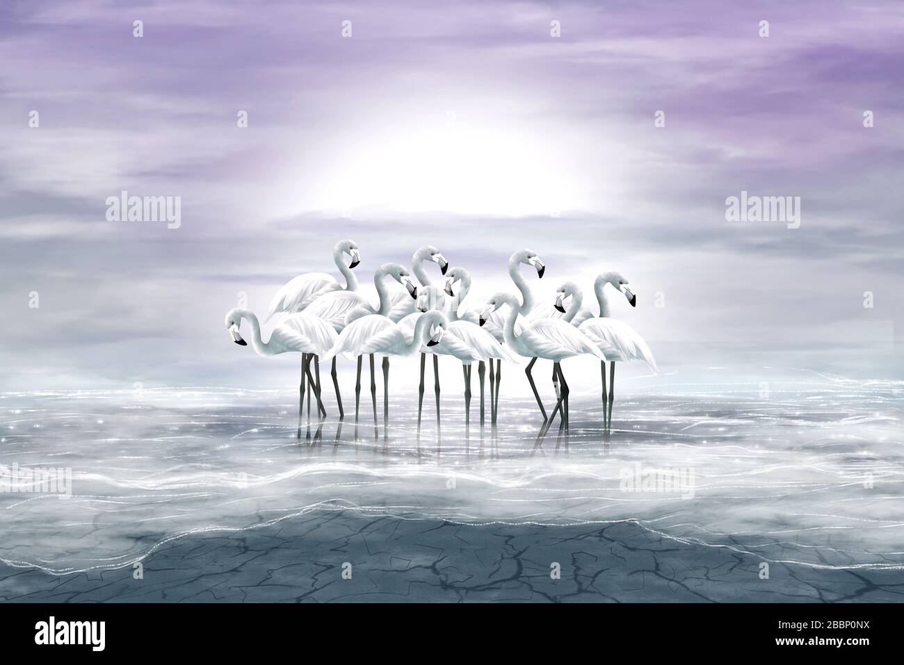 Paysage d'art numérique avec flamants blancs en gris et lilas. Banque D'Images