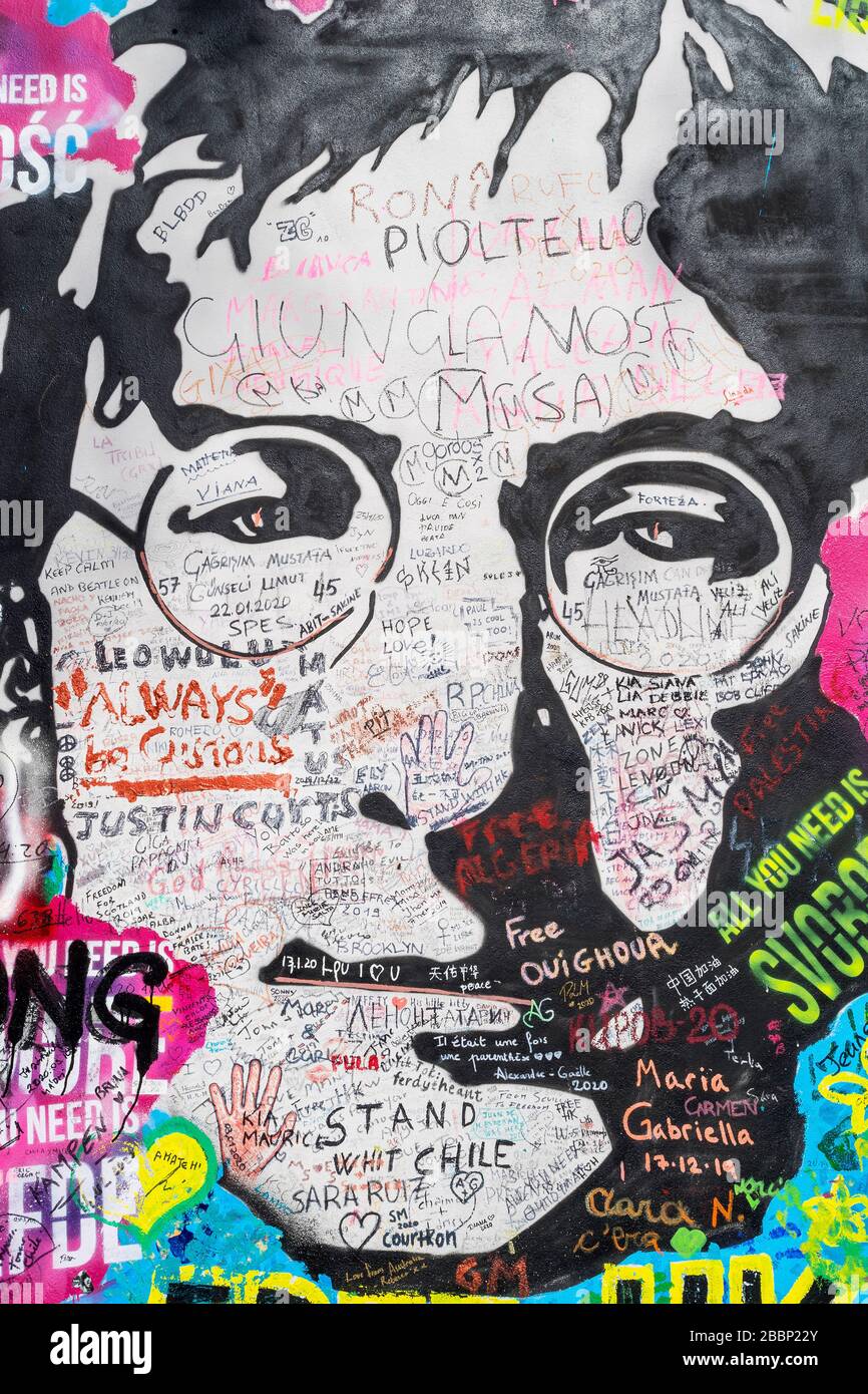 Le mur de John Lennon à Prague en temps de Covid-19 pandemy, Tchéquie Banque D'Images