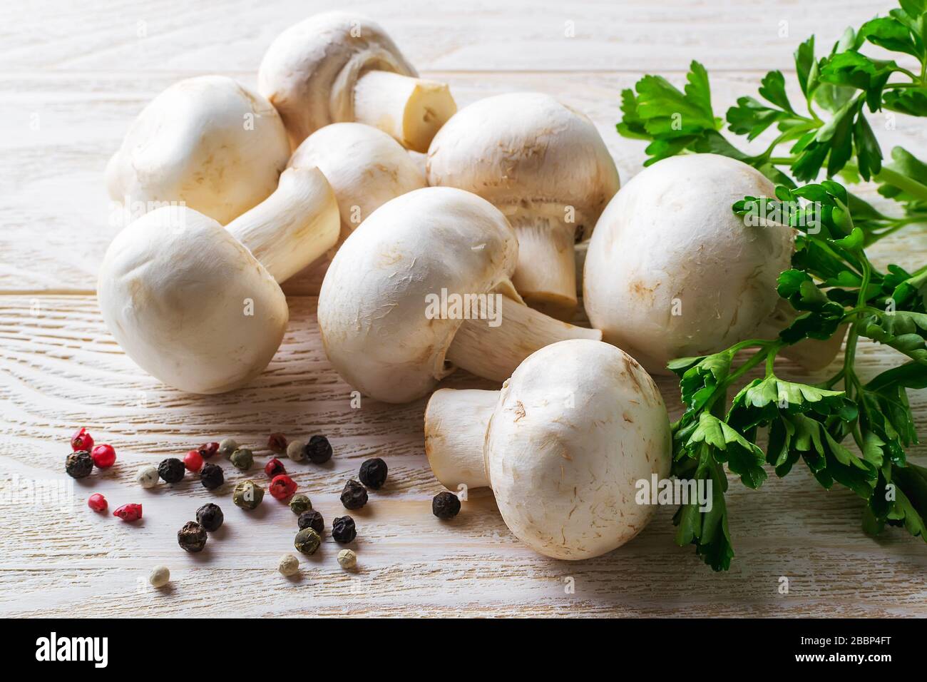 Tas de champagnes frais crus entiers, bouquet de persil et de poivre sur une table en bois. Champignons en tant que protéines végétales, alimentation alimentaire brute, végétarisme. Banque D'Images