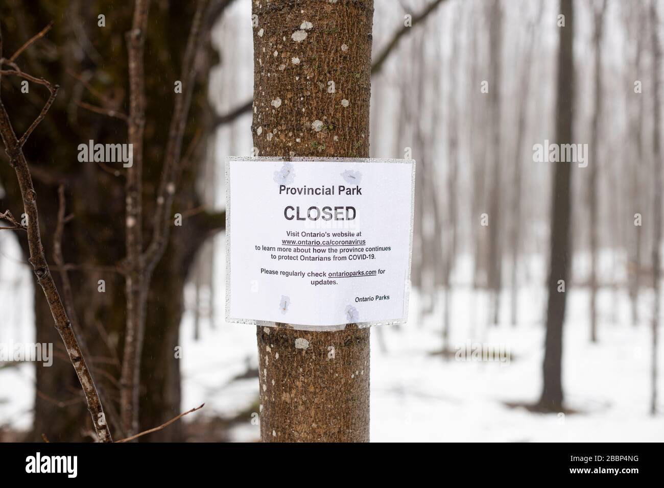 BLUE MOUNTAINS, CANADA - un panneau Parcs Ontario indiquant que le parc provincial de la rivière Pretty est fermé à cause du nouveau coronavirus / COVID-19. Banque D'Images
