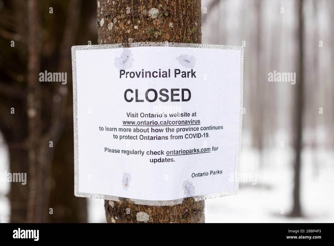 BLUE MOUNTAINS, CANADA - un panneau Parcs Ontario indiquant que le parc provincial de la rivière Pretty est fermé à cause du nouveau coronavirus / COVID-19. Banque D'Images