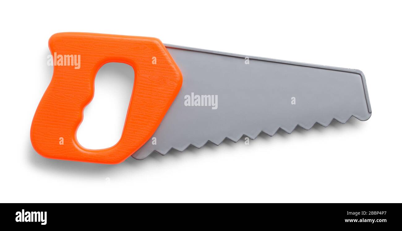 Scie à jouets en plastique isolée sur fond blanc. Banque D'Images