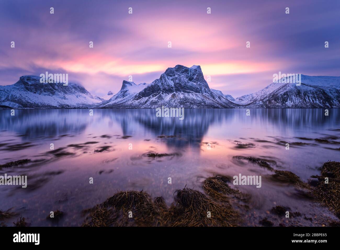 Montagnes enneigées avec ses réflexions dans l'eau calme du fjord, le ciel tôt le matin est très coloré Banque D'Images