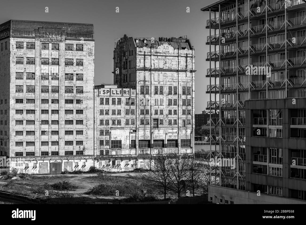 Régénération. Les moulins du millénaire de Spillers ont déraillé le tournant du siècle, et attendent des travaux de rénovation tandis que les nouveaux appartements de construction sont en face. Banque D'Images