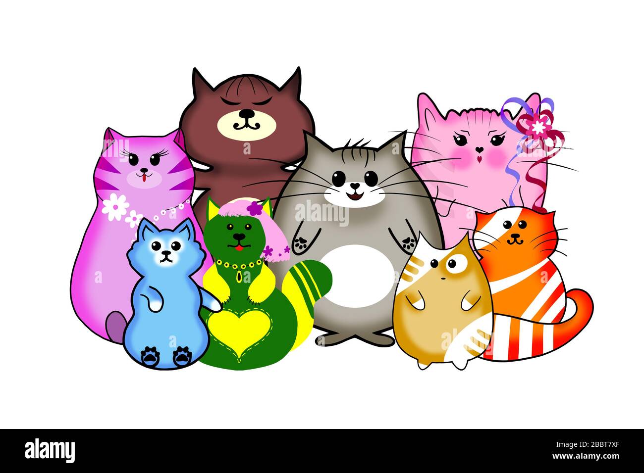 Groupe De Chats Kawaii Sur Fond Blanc Illustration Avec Des Chats Mignons Et Lumineux Photo Stock Alamy
