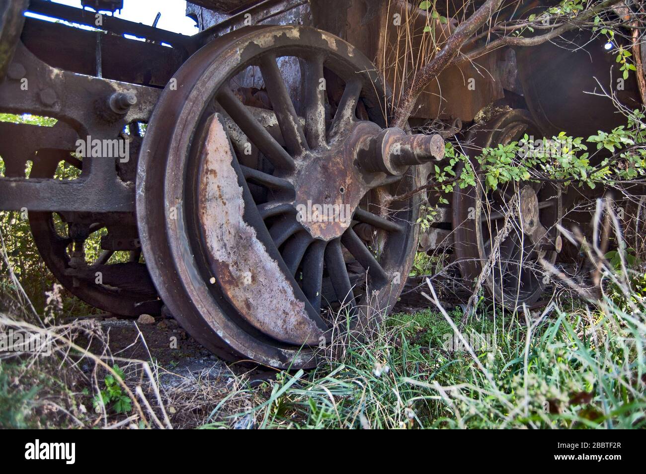 Ancienne locomotive à vapeur de chemin de fer dysfonctionnelle qui est surcultivée avec des mauvaises herbes. Banque D'Images