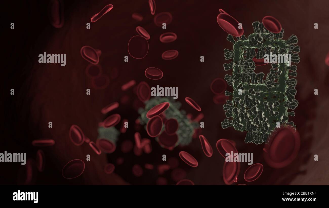 Vue de rendu microscopique du virus en forme de symbole vertical de la batterie à moitié chargée dans la veine des globules rouges Banque D'Images