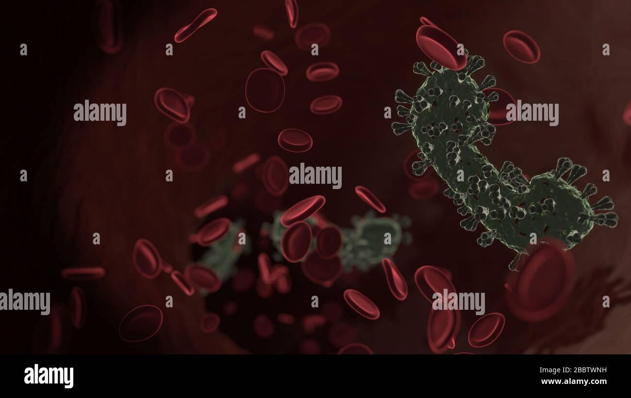 Vue de rendu microscopique du virus en forme de symbole de casque dans la veine avec les globules rouges Banque D'Images