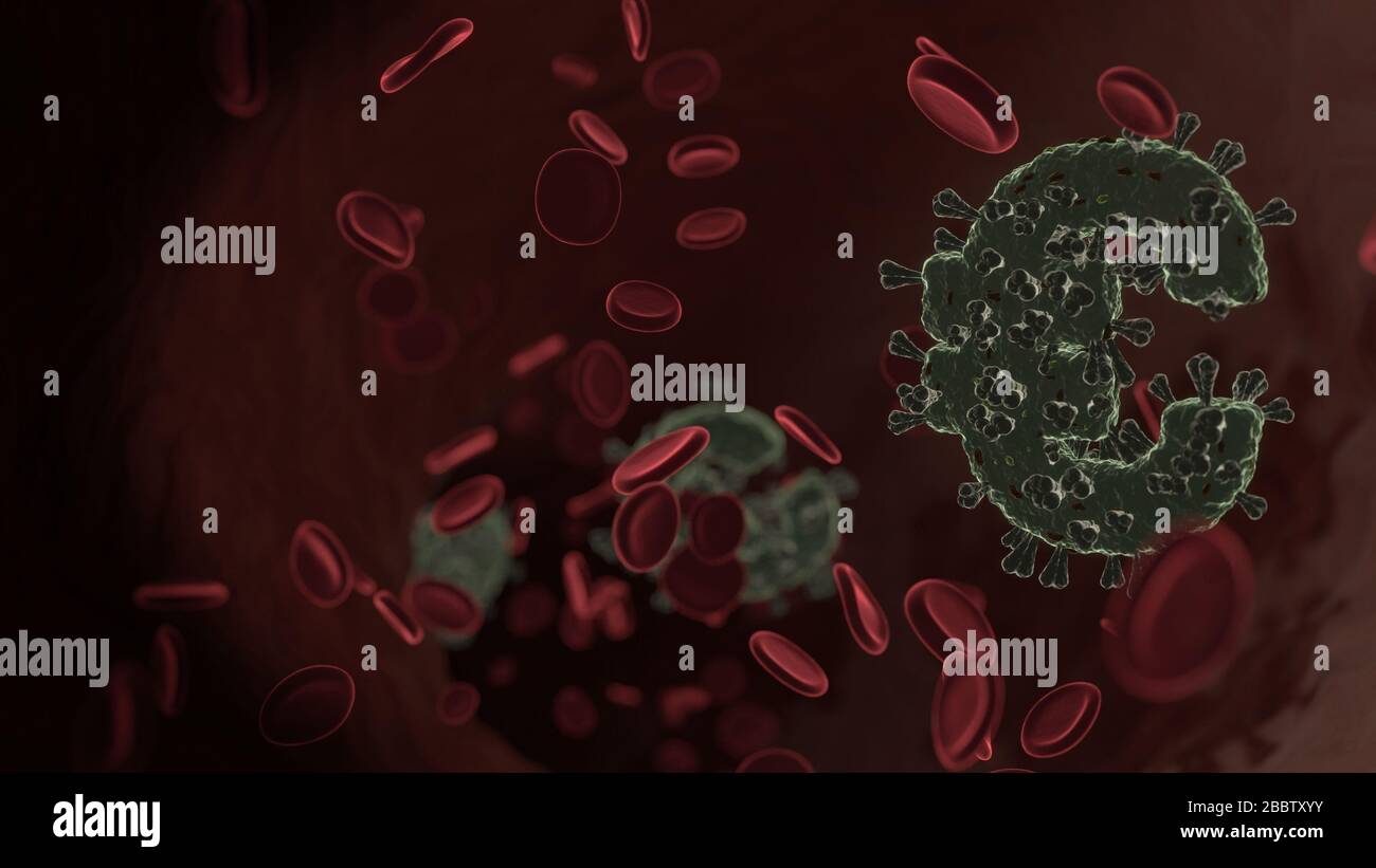 Vue de rendu microscopique du virus en forme de symbole de l'euro dans la veine avec les globules rouges Banque D'Images