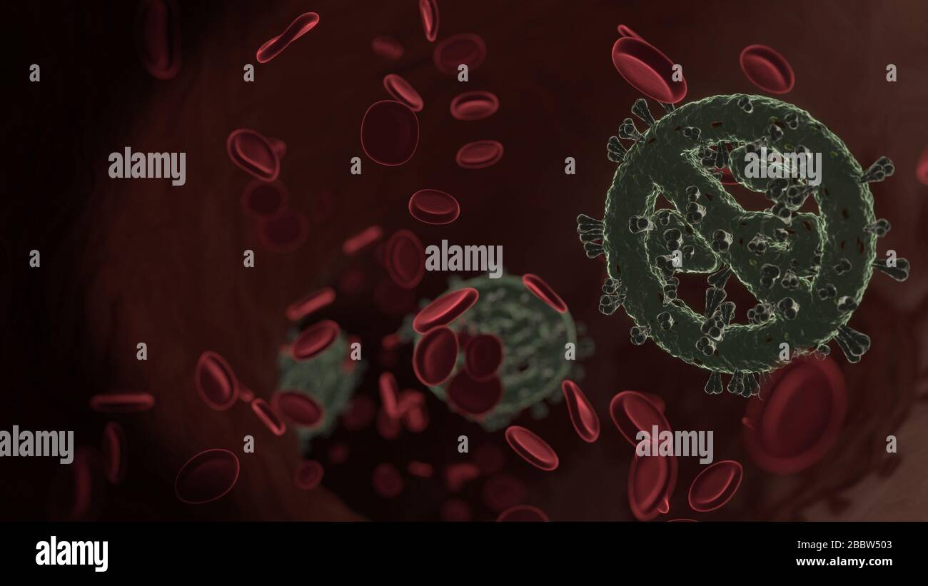 Vue de rendu microscopique du virus en forme de symbole de cigarette dans un cercle interdit avec une barre oblique dans la veine avec les globules rouges Banque D'Images