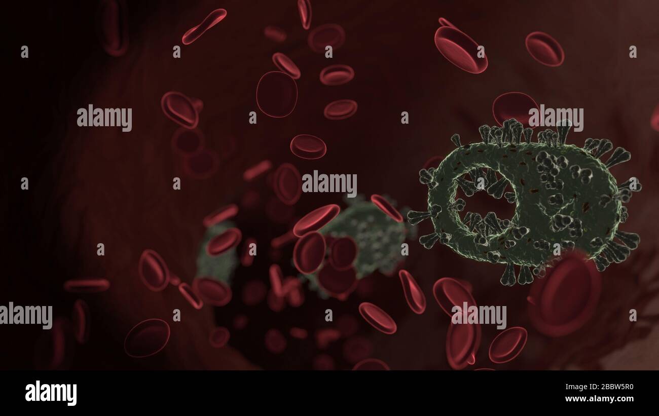 Vue de rendu microscopique du virus en forme de symbole de bouton de commutation avec coche dans la veine avec les globules rouges Banque D'Images
