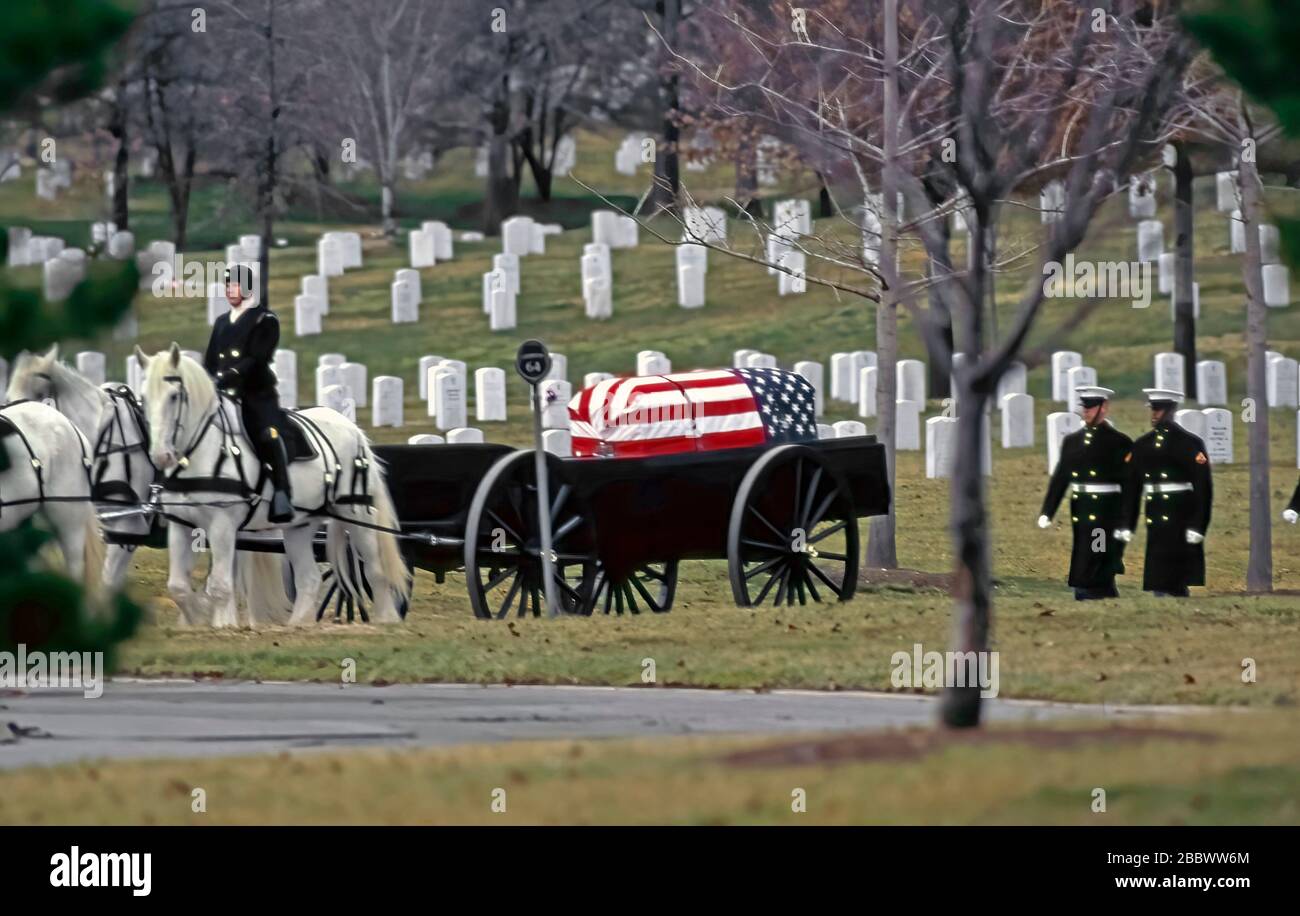 Arlington Virginia, États-Unis, 15 février 1991 funérailles du capitaine de marine Jonathan Edwards la première victime de l'opération tempête du désert à être enterrée au cimetière national d'Arlington. Le Cisson avec les restes du capitaine Edwards est dessiné par des chevaux blancs vers la tombe Banque D'Images