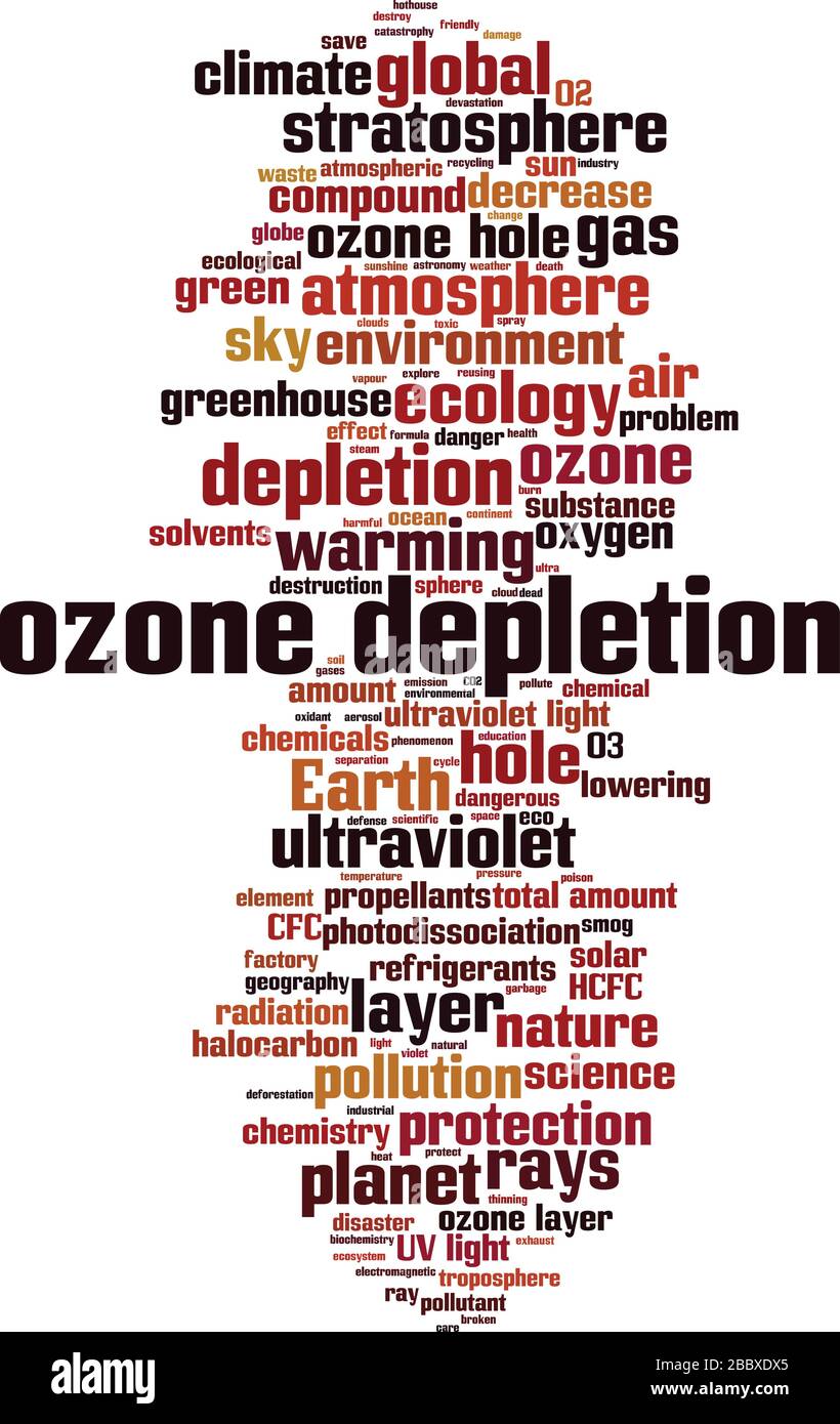 Concept de nuage de mot sur l'appauvrissement de l'ozone. Collage de mots sur l'appauvrissement de la couche d'ozone. Illustration vectorielle Illustration de Vecteur