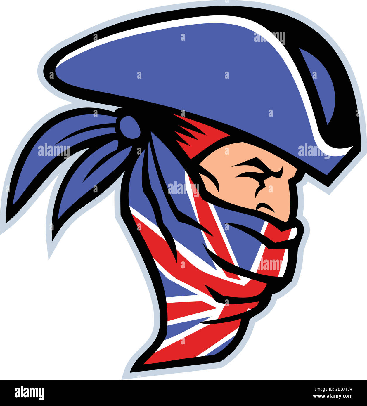L'icône mascotte illustre la tête d'un homme de haute route britannique, d'un voleur, d'un bandit ou d'une hors-loi qui a volé des voyageurs portant un Union Jack bandana vu fro Illustration de Vecteur