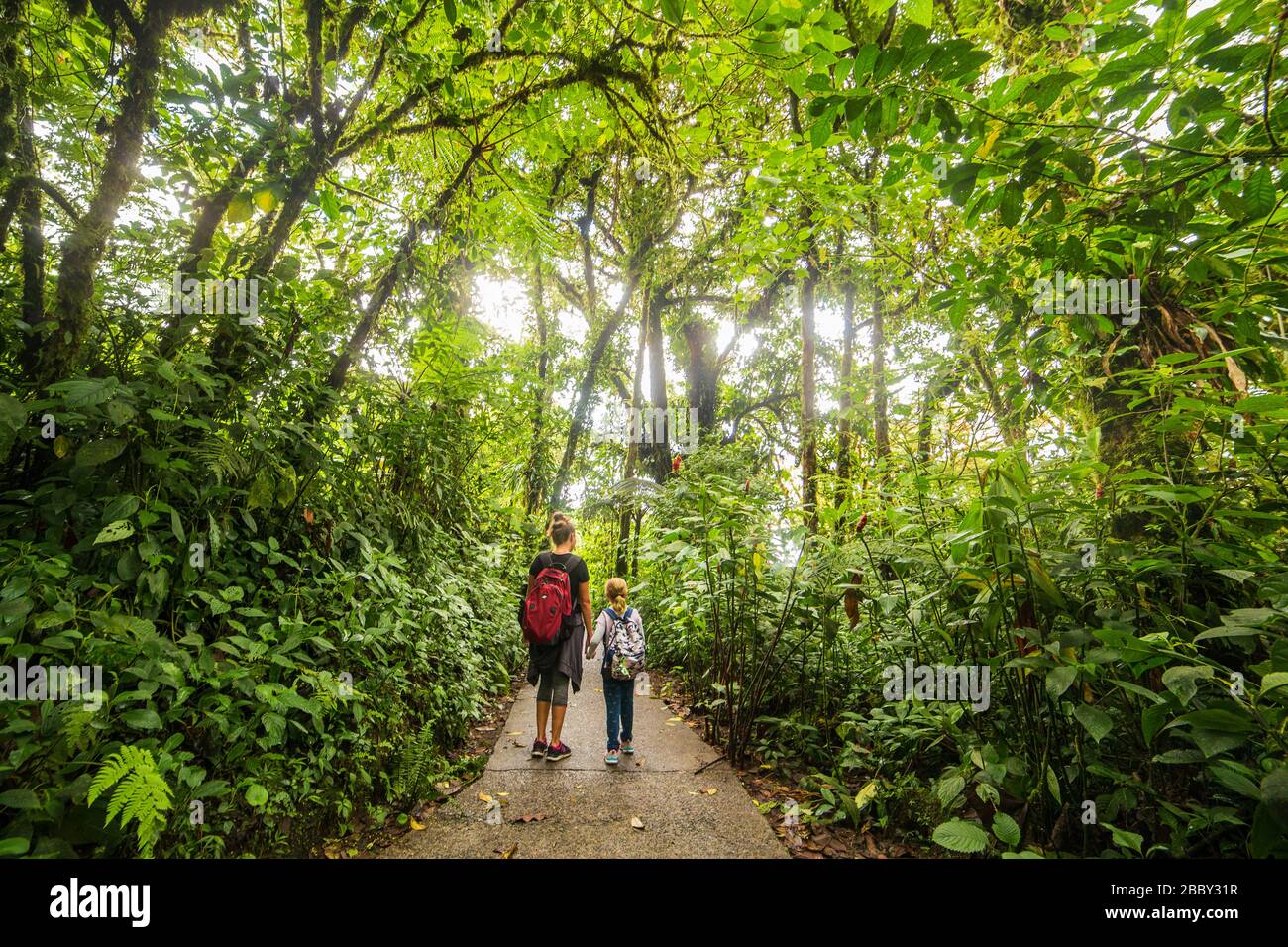 Mère et fille rangent ensemble les sentiers dans la réserve de forêt de Santa Elena Cloud à Monteverde, Costa Rica. Banque D'Images