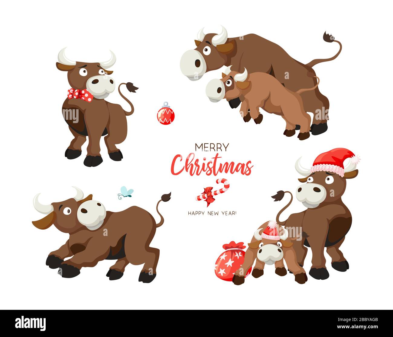 Joyeux Noël, des vaches drôles sur fond blanc. Style carte dessinée Illustration de Vecteur
