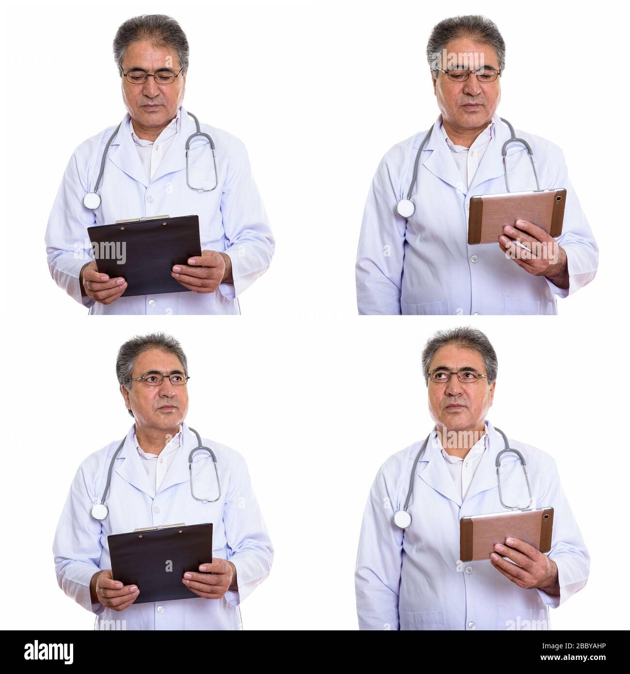 Collage d'un médecin persan senior utilisant le presse-papiers et la tablette numérique Banque D'Images