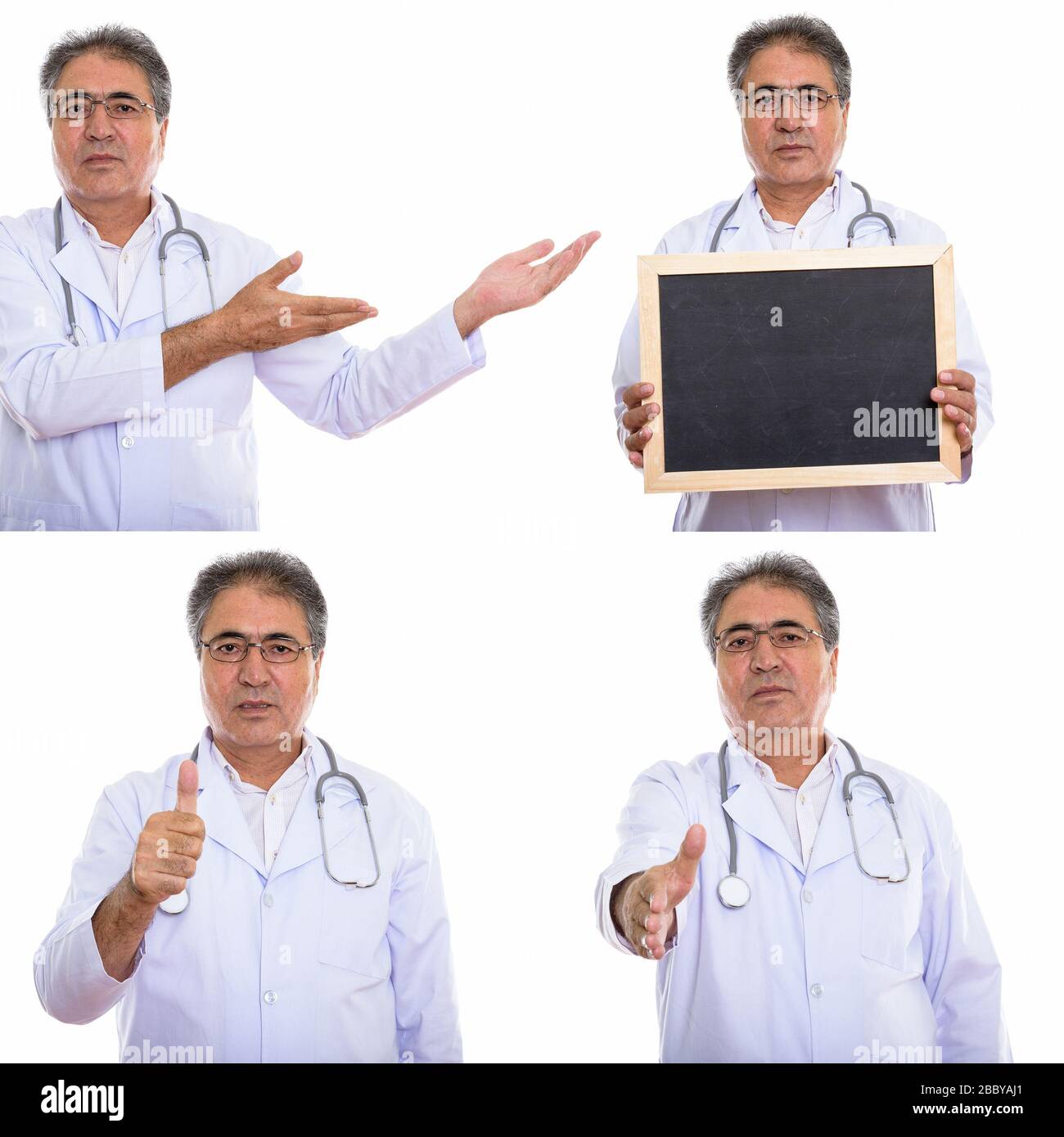 Collage de l'homme persan supérieur médecin montrant quelque chose et obtenir de bonnes nouvelles Banque D'Images