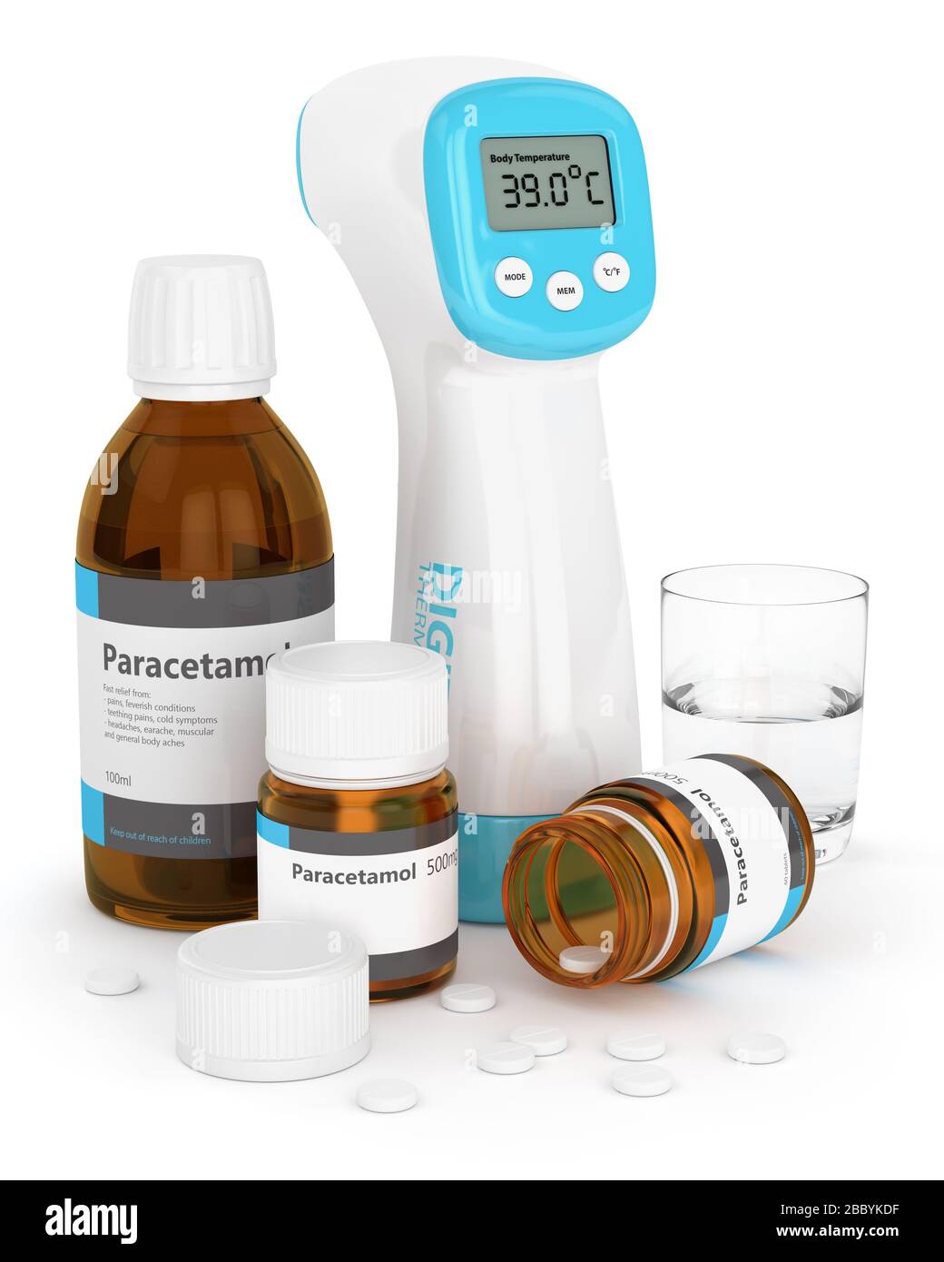 rendu tridimensionnel du thermomètre infrarouge numérique et du paracétamol sur fond blanc. Concept de l'acétaminophène comme produit chimique antipyrétique. Banque D'Images