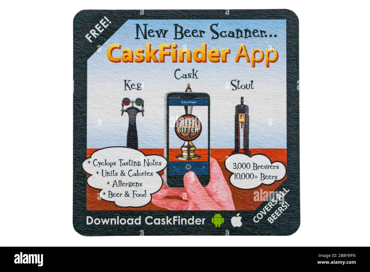 Nouveau scanner à bière CaskFinder App, dessous de verre isolé sur fond blanc - pour l'inverse des dessous de verre, voir 2BBYRH2 Banque D'Images