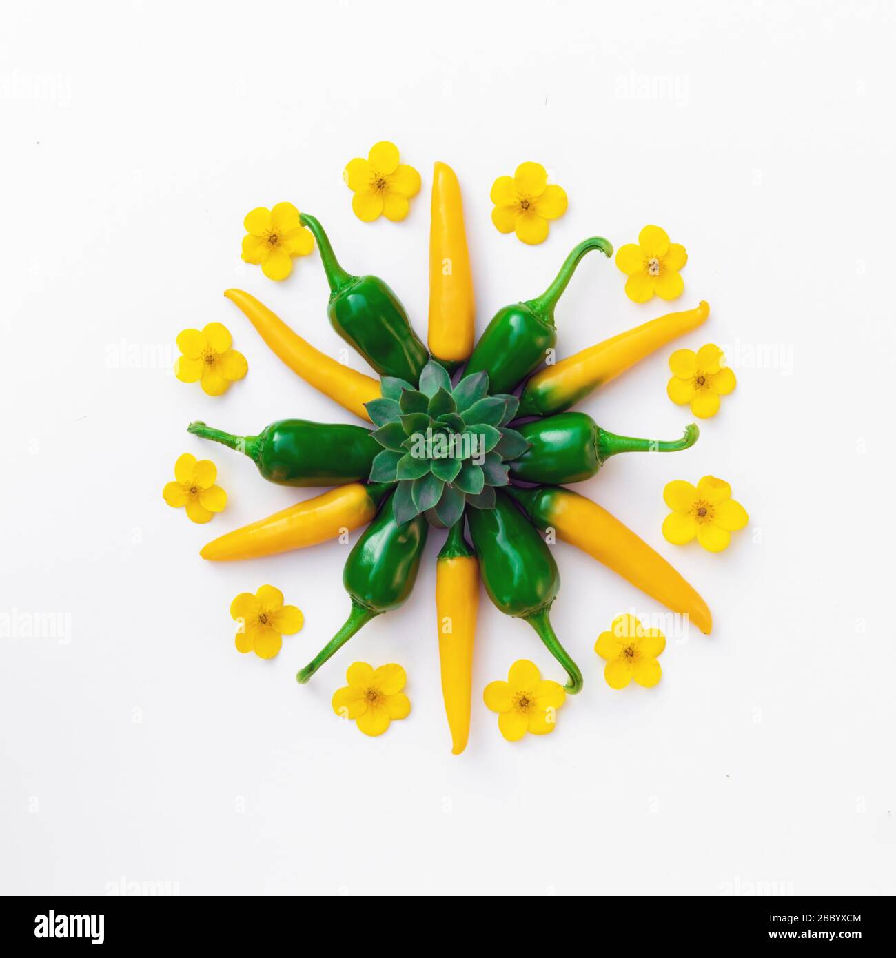 Poivrons chauds jaunes et verts avec compositions de fleurs. Photographie alimentaire Banque D'Images