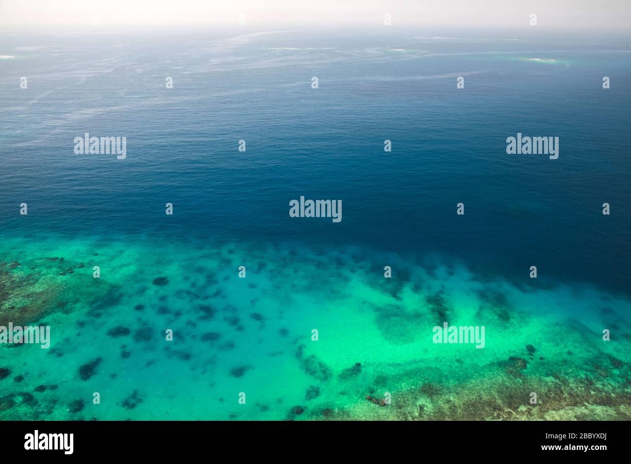 Mer du golfe Persique, fond rocheux sous l'eau peu profonde bleue. Photo naturelle. Vue sur les yeux d'oiseaux Banque D'Images