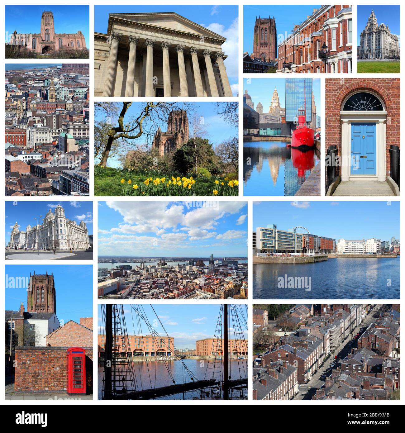 Collage photo de voyage de Liverpool, Royaume-Uni. Le collage comprend des sites importants comme la cathédrale, Albert Dock et Port Authority. Banque D'Images