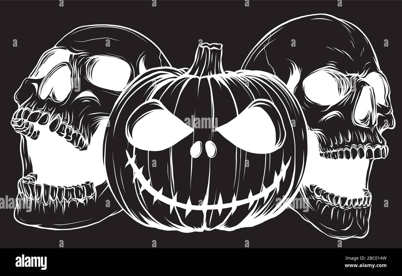 Affiche halloween avec citrouille et crânes punk sur fond noir Illustration de Vecteur