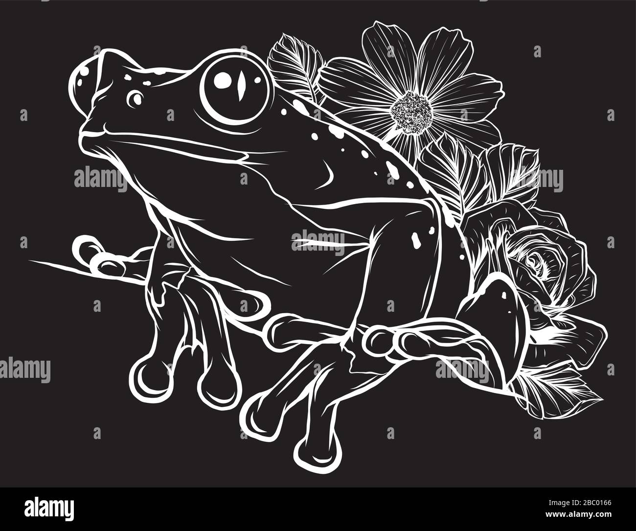 grenouille vectorielle avec fleur en arrière-plan noir Illustration de Vecteur