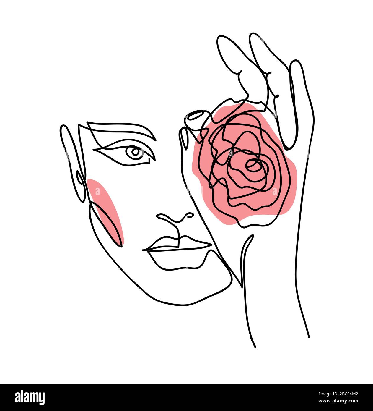 Portrait, face avec rose. Une femme d'art de ligne continue, fille. Illustration de Vecteur