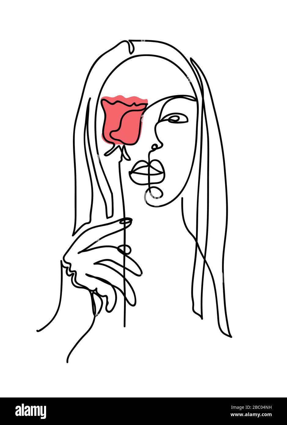 Une femme d'art de ligne, fille. Portrait, face avec rose. Illustration de Vecteur