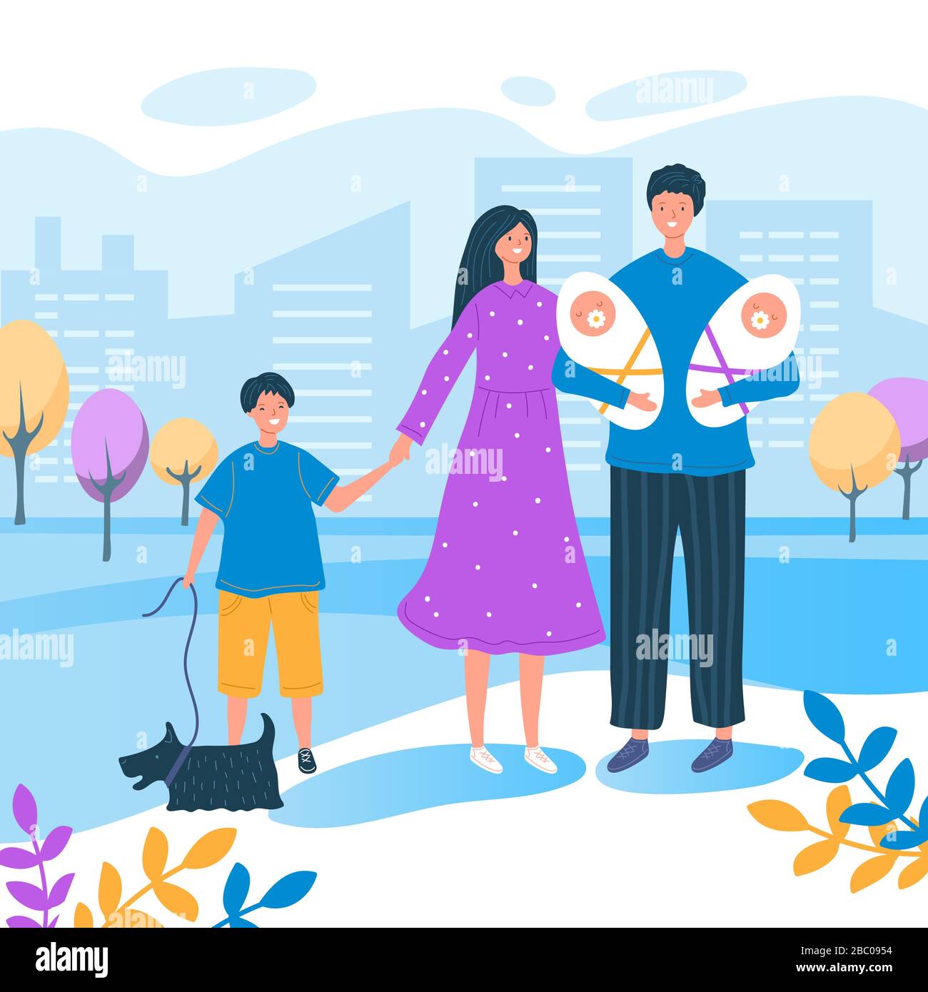 Une famille heureuse se promène autour de l'illustration vectorielle de la ville Illustration de Vecteur