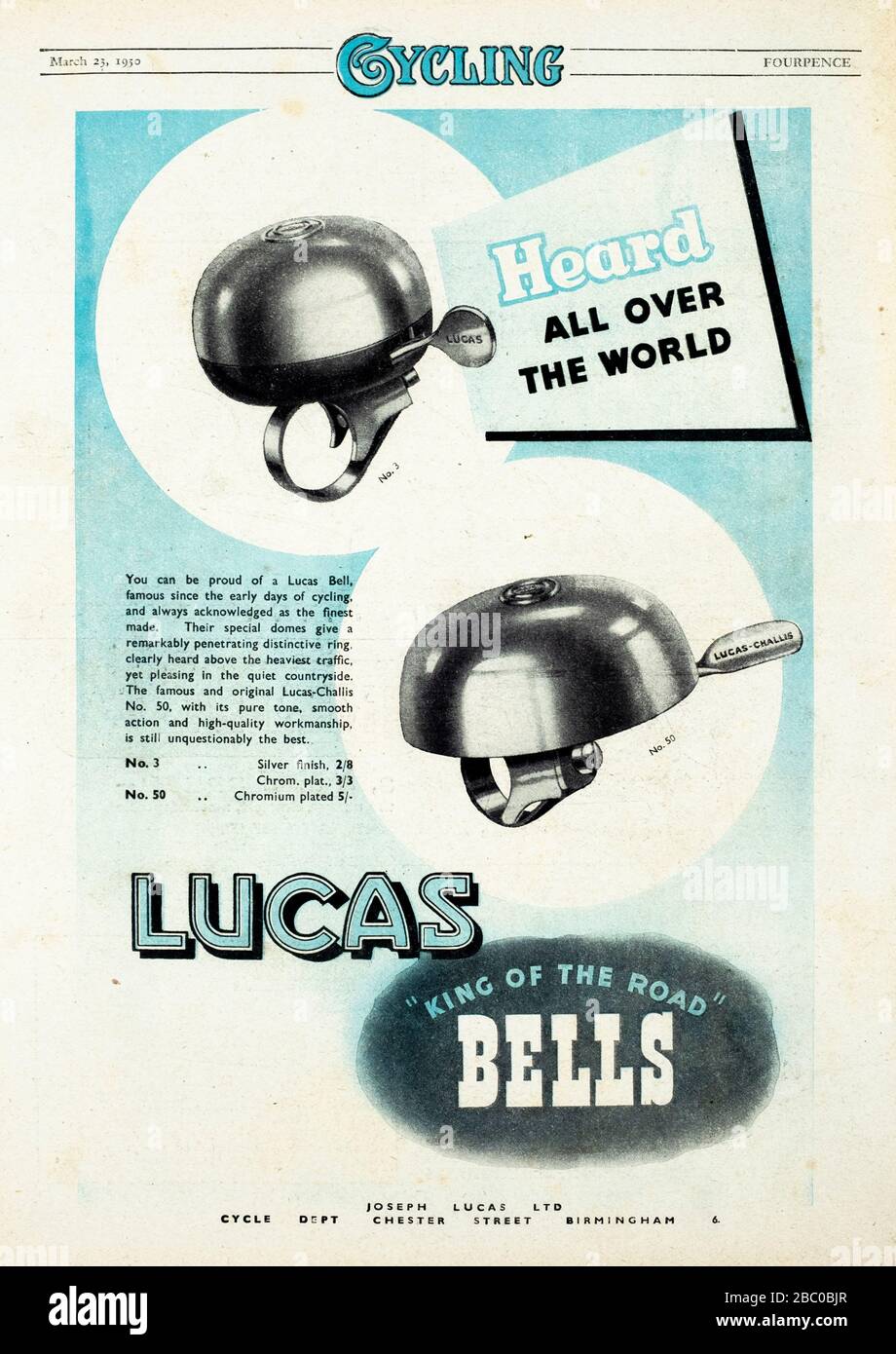 Vintage magazine britannique 'Cyclisme' de mars 1950 avec annonce pour Lucas cycle cloches sur la couverture avant Banque D'Images