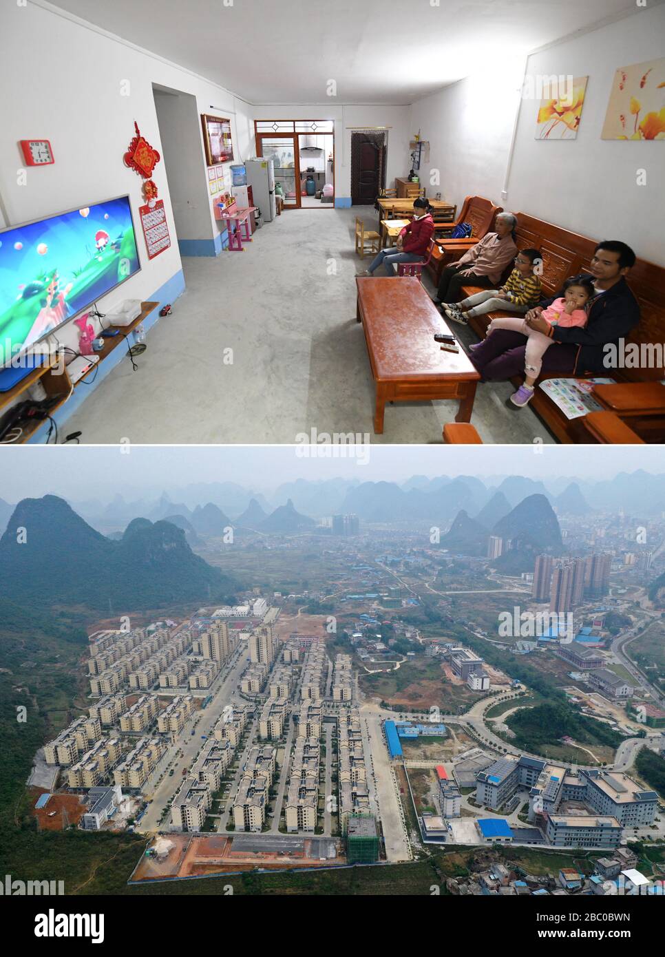 (200402) -- NANNING, le 2 avril 2020 (Xinhua) -- la photo combinée montre aux résidents de regarder la télévision dans leur nouvelle maison dans un site de réinstallation de secours de la pauvreté (en haut), et une vue aérienne d'un site de réinstallation de secours de la pauvreté (en bas) dans le comté autonome de Luocheng Mulao, région autonome de Guangxi Zhuang, en Chine méridionale, le 6 novembre 2019. La région autonome de Guangxi Zhuang, une région clé des efforts de lutte contre la pauvreté en Chine, a entraîné l'identification et la mise en place de dossiers pour environ 710 000 personnes déplacées de zones inhospitalières au cours de la 13ème période du Plan quinquennal (2016-2020) comme une lutte clé contre la pauvreté. Le programme de relocalisation Banque D'Images
