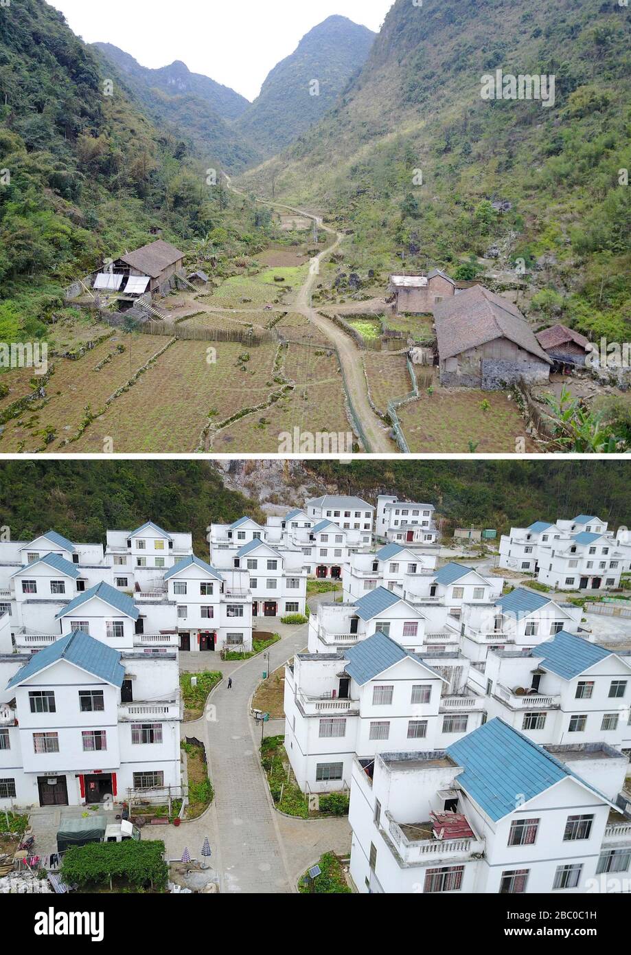 (200402) -- MANNING, 2 avril 2020 (Xinhua) -- La photo combinée montre une vue aérienne d'un groupe de résidences où les habitants vivaient avant la réinstallation (en haut), et une vue aérienne d'un site de réinstallation de secours de la pauvreté (en bas) dans le canton de Daan, dans le comté autonome de Huanjiang Maonan, dans la région autonome Guangxi Zhuang, en Chine méridionale, le 14 mars 2017. La région autonome de Guangxi Zhuang, une région clé des efforts de lutte contre la pauvreté en Chine, a entraîné l'identification et la mise en place de dossiers pour environ 710 000 personnes déplacées de zones inhospitalières au cours de la 13ème période du Plan quinquennal (2016-2020) comme une lutte clé contre la pauvreté. Le Banque D'Images